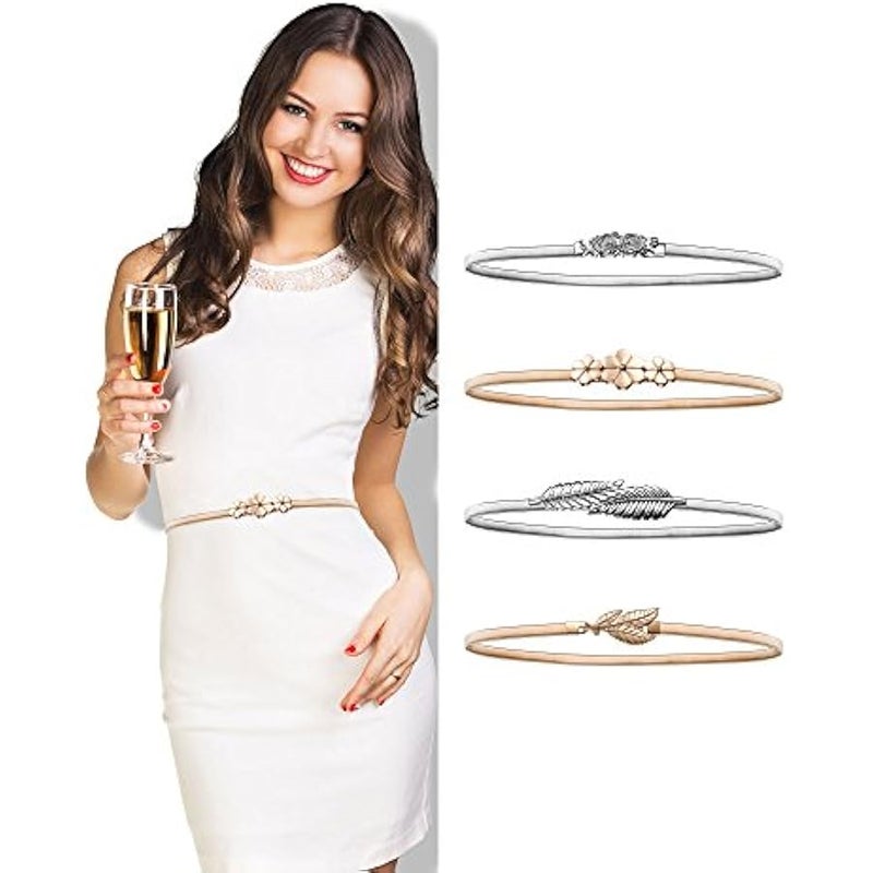 4 Pieces Women Elastic Waist Belt Stretch Metal Dress Belt for Women Girl, Silver and Gold, Color Set 4, M - Image 3